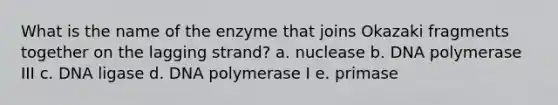 What is the name of the enzyme that joins Okazaki fragments together on the lagging strand? a. nuclease b. DNA polymerase III c. DNA ligase d. DNA polymerase I e. primase