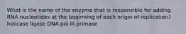 What is the name of the enzyme that is responsible for adding RNA nucleotides at the beginning of each origin of replication? helicase ligase DNA pol III primase