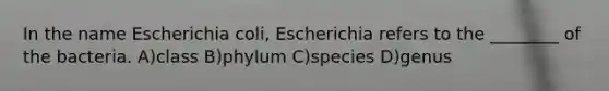 In the name Escherichia coli, Escherichia refers to the ________ of the bacteria. A)class B)phylum C)species D)genus