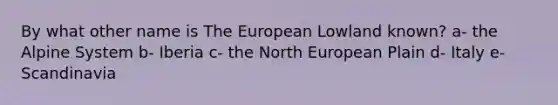 By what other name is The European Lowland known? a- the Alpine System b- Iberia c- the North European Plain d- Italy e- Scandinavia