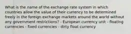 What is the name of the exchange rate system in which countries allow the value of their currency to be determined freely in the foreign exchange markets around the world without any government restrictions? - European currency unit - floating currencies - fixed currencies - dirty float currency