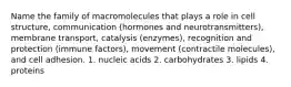 Name the family of macromolecules that plays a role in cell structure, communication (hormones and neurotransmitters), membrane transport, catalysis (enzymes), recognition and protection (immune factors), movement (contractile molecules), and cell adhesion. 1. nucleic acids 2. carbohydrates 3. lipids 4. proteins