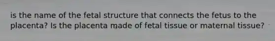 is the name of the fetal structure that connects the fetus to the placenta? Is the placenta made of fetal tissue or maternal tissue?