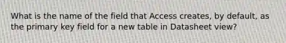 What is the name of the field that Access creates, by default, as the primary key field for a new table in Datasheet view?