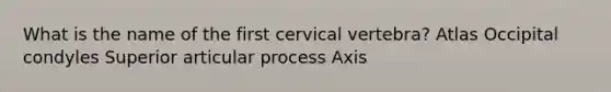 What is the name of the first cervical vertebra? Atlas Occipital condyles Superior articular process Axis