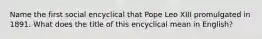 Name the first social encyclical that Pope Leo XIII promulgated in 1891. What does the title of this encyclical mean in English?