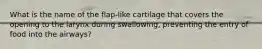 What is the name of the flap-like cartilage that covers the opening to the larynx during swallowing, preventing the entry of food into the airways?