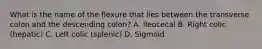 What is the name of the flexure that lies between the transverse colon and the descending colon? A. Ileocecal B. Right colic (hepatic) C. Left colic (splenic) D. Sigmoid