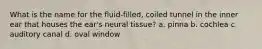 What is the name for the fluid-filled, coiled tunnel in the inner ear that houses the ear's neural tissue? a. pinna b. cochlea c. auditory canal d. oval window