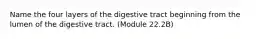 Name the four layers of the digestive tract beginning from the lumen of the digestive tract. (Module 22.2B)