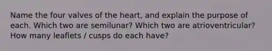 Name the four valves of the heart, and explain the purpose of each. Which two are semilunar? Which two are atrioventricular? How many leaflets / cusps do each have?