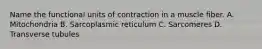 Name the functional units of contraction in a muscle fiber. A. Mitochondria B. Sarcoplasmic reticulum C. Sarcomeres D. Transverse tubules