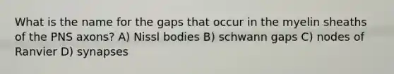 What is the name for the gaps that occur in the myelin sheaths of the PNS axons? A) Nissl bodies B) schwann gaps C) nodes of Ranvier D) synapses