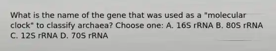 What is the name of the gene that was used as a "molecular clock" to classify archaea? Choose one: A. 16S rRNA B. 80S rRNA C. 12S rRNA D. 70S rRNA