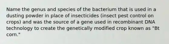 Name the genus and species of the bacterium that is used in a dusting powder in place of insecticides (insect pest control on crops) and was the source of a gene used in recombinant DNA technology to create the genetically modified crop known as "Bt corn."