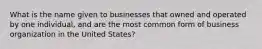 What is the name given to businesses that owned and operated by one individual, and are the most common form of business organization in the United States?