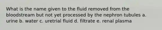 What is the name given to the fluid removed from the bloodstream but not yet processed by the nephron tubules a. urine b. water c. uretrial fluid d. filtrate e. renal plasma