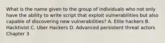 What is the name given to the group of individuals who not only have the ability to write script that exploit vulnerabilities but also capable of discovering new vulnerabilities? A. Elite hackers B. Hacktivist C. Uber Hackers D. Advanced persistent threat actors Chapter 3