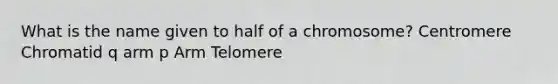 What is the name given to half of a chromosome? Centromere Chromatid q arm p Arm Telomere