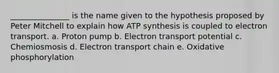 _______________ is the name given to the hypothesis proposed by Peter Mitchell to explain how ATP synthesis is coupled to electron transport. a. Proton pump b. Electron transport potential c. Chemiosmosis d. Electron transport chain e. Oxidative phosphorylation