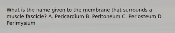 What is the name given to the membrane that surrounds a muscle fascicle? A. Pericardium B. Peritoneum C. Periosteum D. Perimysium