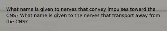 What name is given to nerves that convey impulses toward the CNS? What name is given to the nerves that transport away from the CNS?