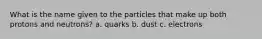 What is the name given to the particles that make up both protons and neutrons? a. quarks b. dust c. electrons