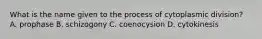 What is the name given to the process of cytoplasmic division? A. prophase B. schizogony C. coenocysion D. cytokinesis