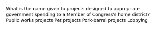 What is the name given to projects designed to appropriate government spending to a Member of Congress's home district? Public works projects Pet projects Pork-barrel projects Lobbying