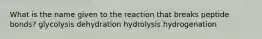 What is the name given to the reaction that breaks peptide bonds? glycolysis dehydration hydrolysis hydrogenation