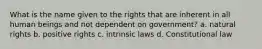 What is the name given to the rights that are inherent in all human beings and not dependent on government? a. natural rights b. positive rights c. intrinsic laws d. Constitutional law