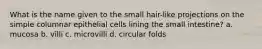 What is the name given to the small hair-like projections on the simple columnar epithelial cells lining the small intestine? a. mucosa b. villi c. microvilli d. circular folds