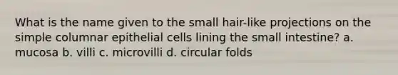 What is the name given to the small hair-like projections on the simple columnar epithelial cells lining the small intestine? a. mucosa b. villi c. microvilli d. circular folds