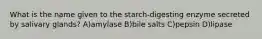 What is the name given to the starch-digesting enzyme secreted by salivary glands? A)amylase B)bile salts C)pepsin D)lipase