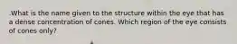 .What is the name given to the structure within the eye that has a dense concentration of cones. Which region of the eye consists of cones only?