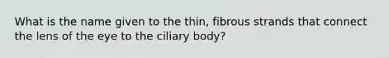 What is the name given to the thin, fibrous strands that connect the lens of the eye to the ciliary body?