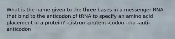 What is the name given to the three bases in a messenger RNA that bind to the anticodon of tRNA to specify an amino acid placement in a protein? -cistron -protein -codon -rho -anti-anticodon