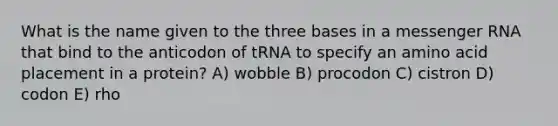 What is the name given to the three bases in a <a href='https://www.questionai.com/knowledge/kDttgcz0ig-messenger-rna' class='anchor-knowledge'>messenger rna</a> that bind to the anticodon of tRNA to specify an amino acid placement in a protein? A) wobble B) procodon C) cistron D) codon E) rho