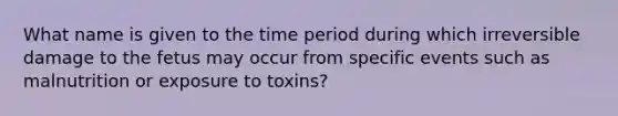 What name is given to the time period during which irreversible damage to the fetus may occur from specific events such as malnutrition or exposure to toxins?