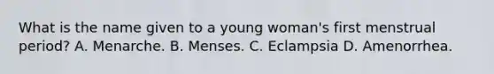 What is the name given to a young woman's first menstrual period? A. Menarche. B. Menses. C. Eclampsia D. Amenorrhea.