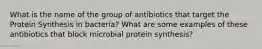 What is the name of the group of antibiotics that target the Protein Synthesis in bacteria? What are some examples of these antibiotics that block microbial protein synthesis?