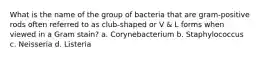 What is the name of the group of bacteria that are gram-positive rods often referred to as club-shaped or V & L forms when viewed in a Gram stain? a. Corynebacterium b. Staphylococcus c. Neisseria d. Listeria