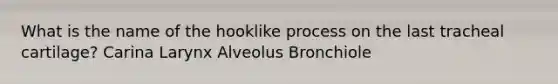 What is the name of the hooklike process on the last tracheal cartilage? Carina Larynx Alveolus Bronchiole