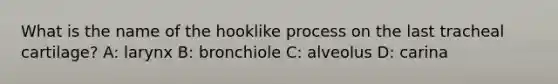 What is the name of the hooklike process on the last tracheal cartilage? A: larynx B: bronchiole C: alveolus D: carina