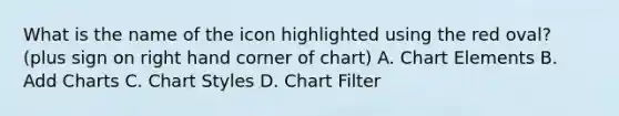 What is the name of the icon highlighted using the red oval? (plus sign on right hand corner of chart) A. Chart Elements B. Add Charts C. Chart Styles D. Chart Filter