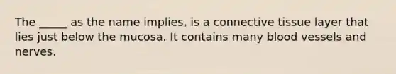 The _____ as the name implies, is a connective tissue layer that lies just below the mucosa. It contains many blood vessels and nerves.