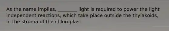 As the name implies, ________ light is required to power the light independent reactions, which take place outside the thylakoids, in the stroma of the chloroplast.