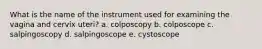 What is the name of the instrument used for examining the vagina and cervix uteri? a. colposcopy b. colposcope c. salpingoscopy d. salpingoscope e. cystoscope