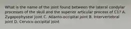 What is the name of the joint found between the lateral condylar processes of the skull and the superior articular process of C1? A. Zygapophyseal joint C. Atlanto-occipital joint B. Intervertebral joint D. Cervico-occipital joint