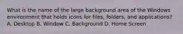 What is the name of the large background area of the Windows environment that holds icons for files, folders, and applications? A. Desktop B. Window C. Background D. Home Screen